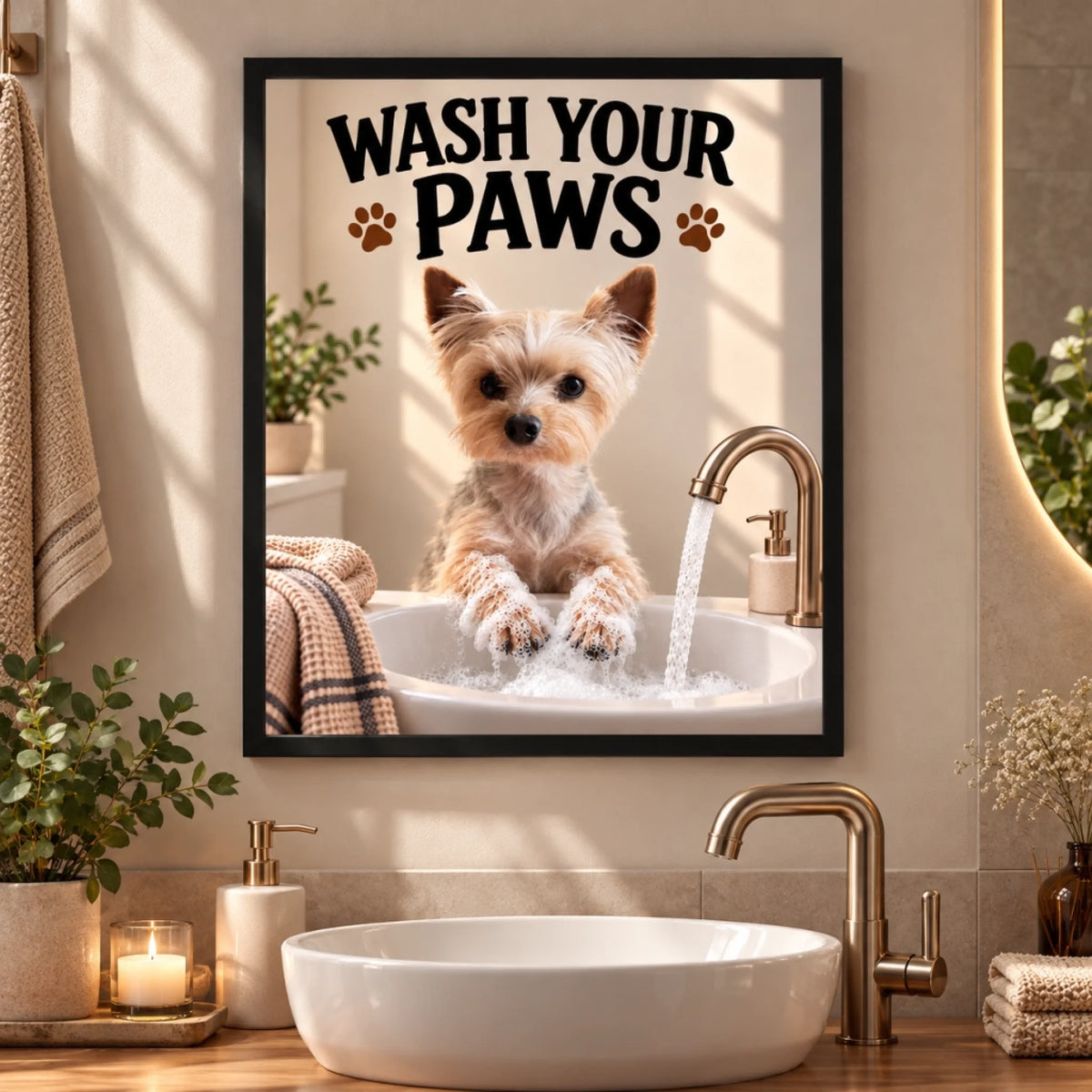 Przytulna łazienka z plakatem „Wash Your Paws”